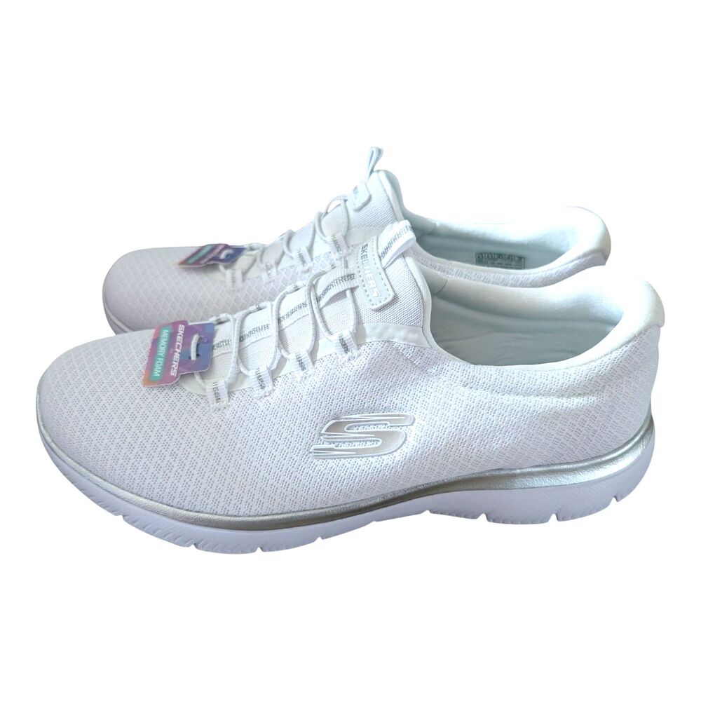 Skechers White Silver Washable Bungee Summit Sneakers Calm Harmony 9.5 New